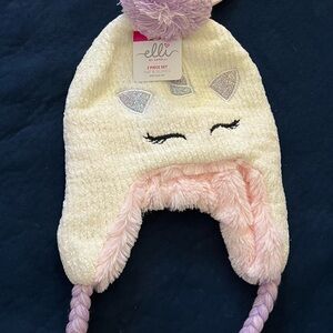 Kids Unicorn Hat set w/ earmuffs - Cream and Pink
